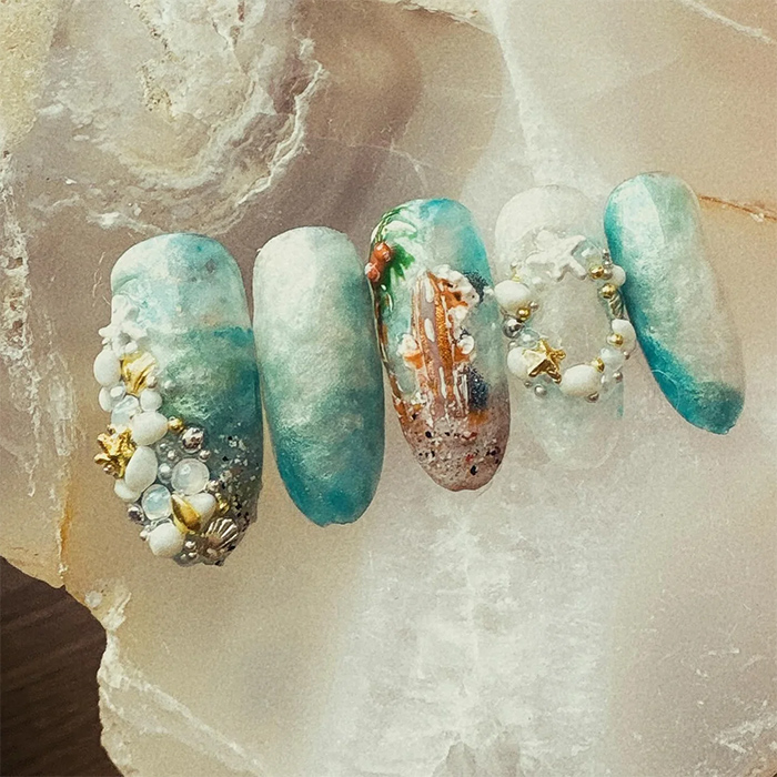 ⑦ハワイクリスマスをイメージ☆海パーツ×質感ネイル