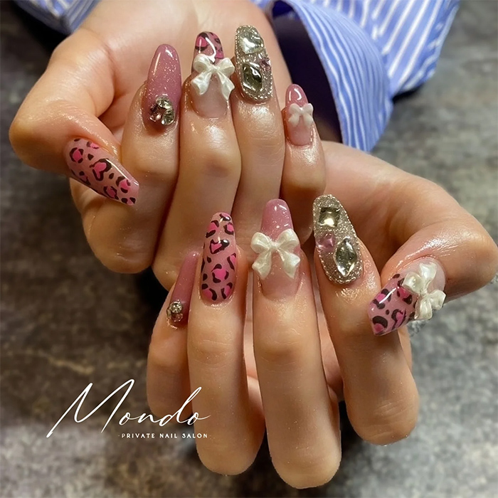 ⑥王道の甘辛ミックス♪ピンク×レオパードネイル