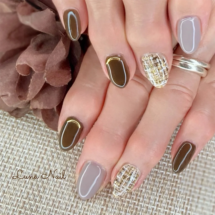 ⑪甘いチョコ色が魅力♪ブラウン×ツイードネイル