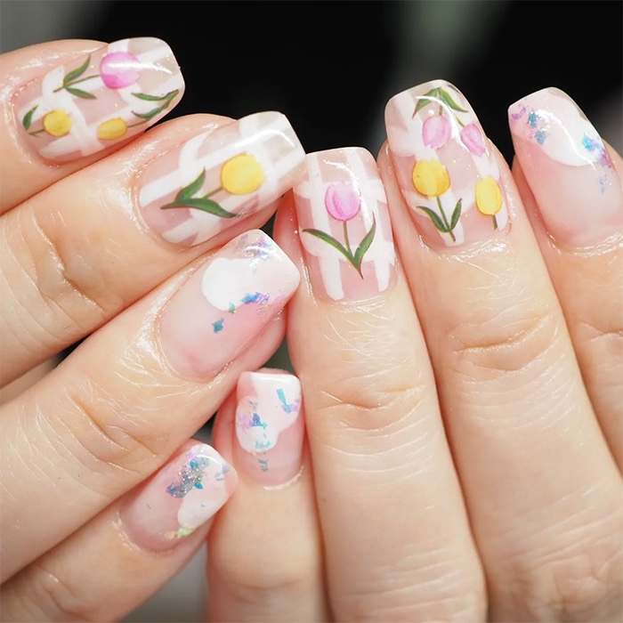 ⑥咲き誇るチューリップ♪チェック&ニュアンスネイル