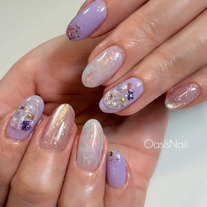 ⑥マグネットが光る♪押し花×パステルニュアンスネイル
