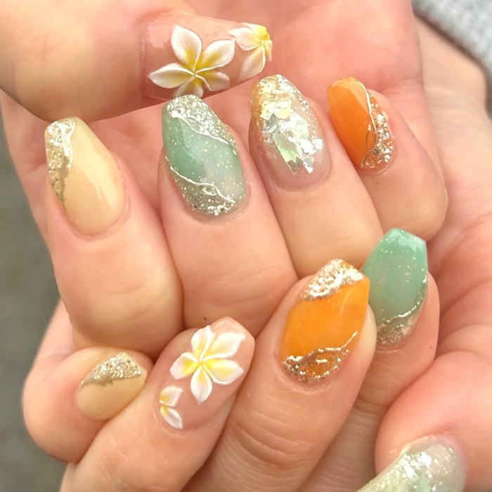 ⑧フレッシュな印象に♪リゾート×フラワーネイル