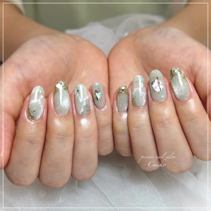⑬色々な質感を楽しんで♡ガラスフレンチ×天然石ニュアンスネイル